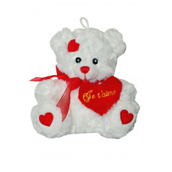PELUCHE OURS BLANC COEUR ROUGE 18 CM