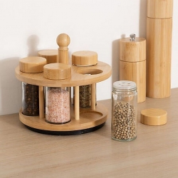 RACK 5 POT A EPICES BOIS ET VERRE ET SUPPORT BAMBOU